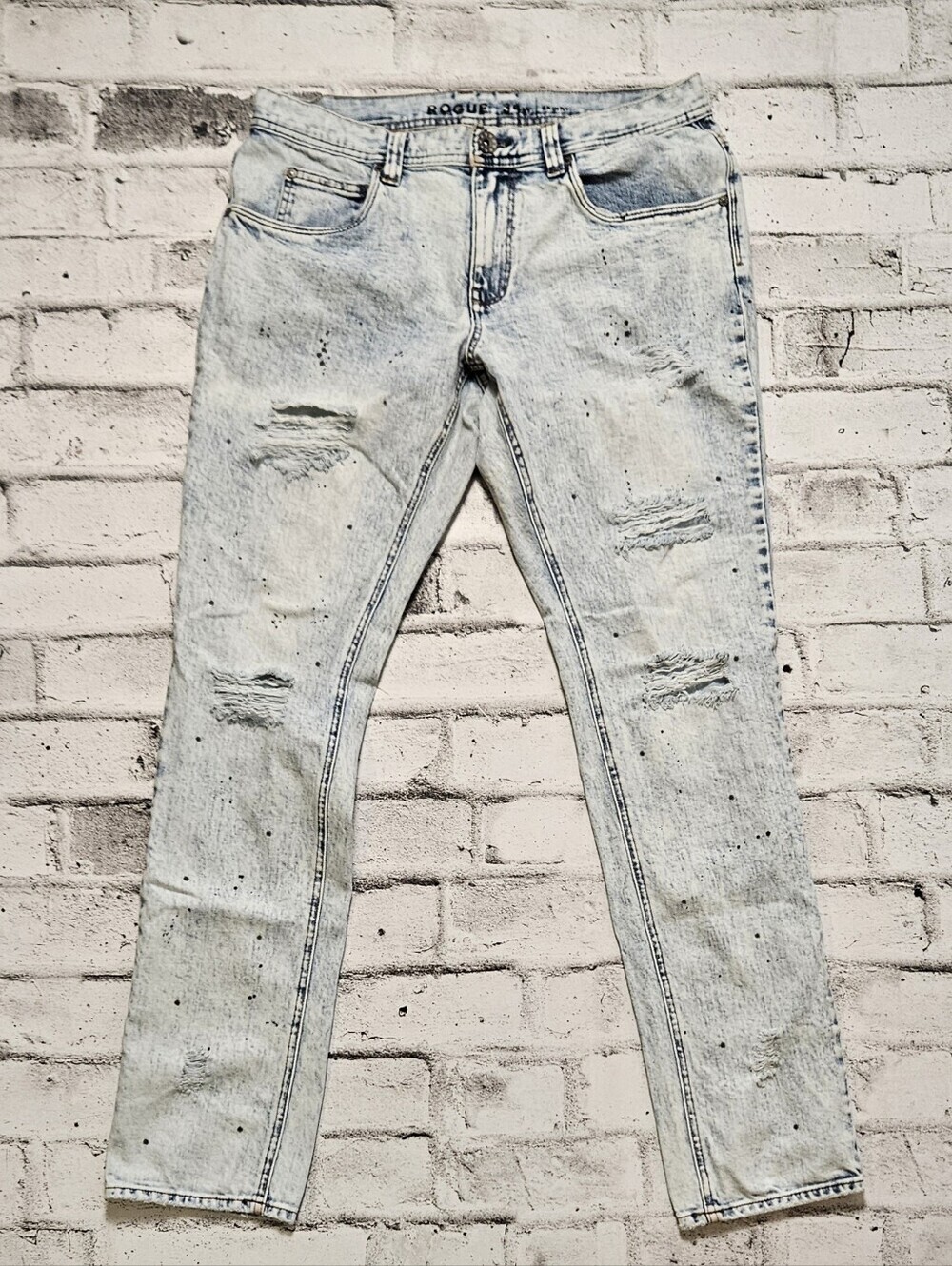 Rogue Mens Distressed Skinny Jeans 31W Light Wash Paint Splatter Y2K Denim
